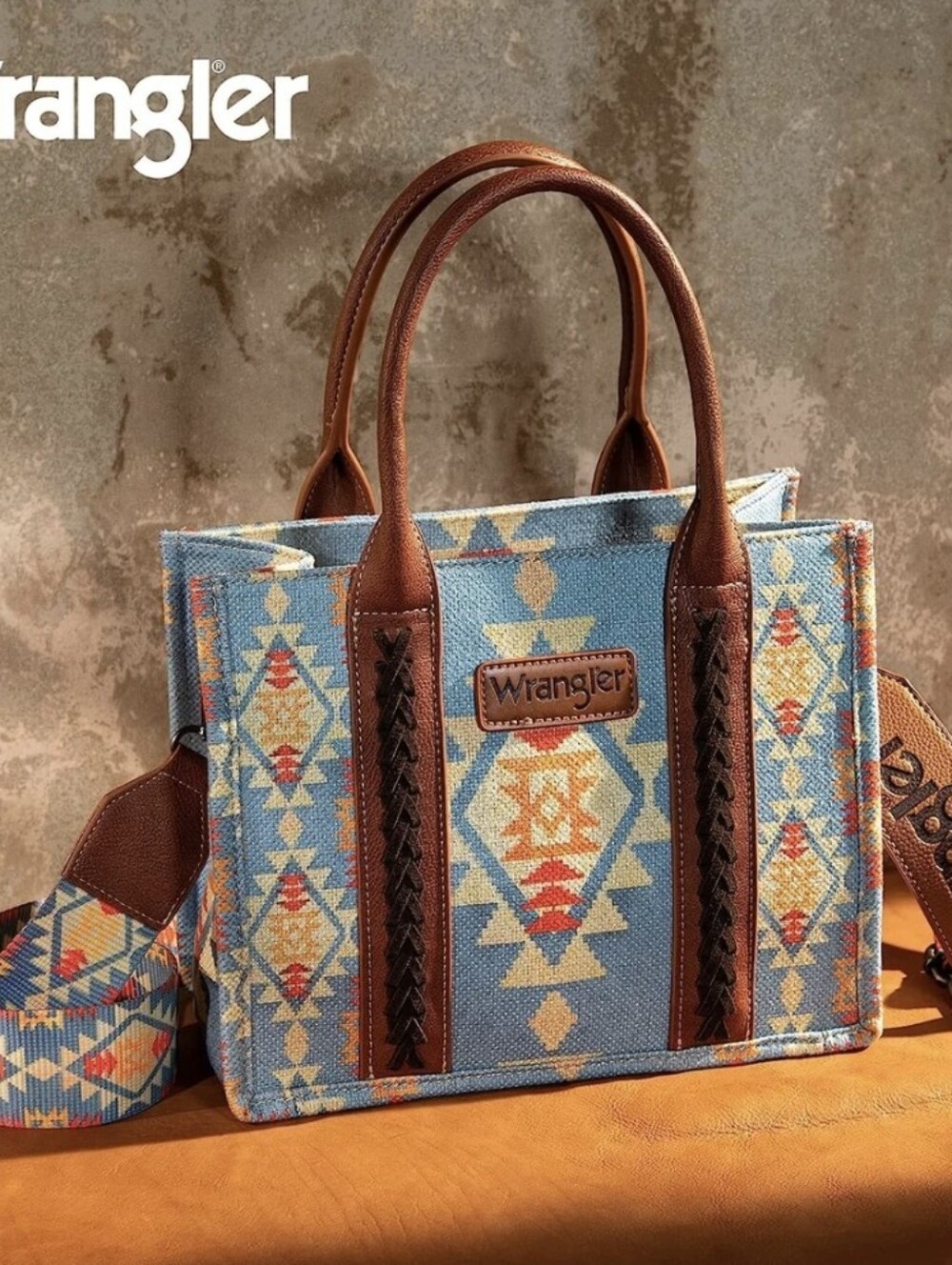 Wrangler Aztec-Print Blue Tote with Brown Trim